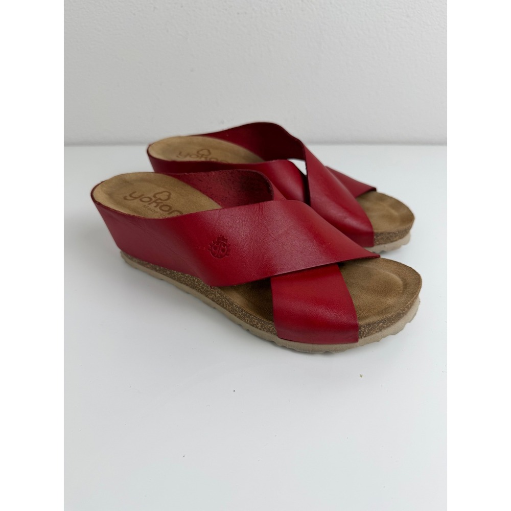 Yokono Women's Red Leather Cross Strap Wedge Sandals US 7.5 Made in Spain Cork
